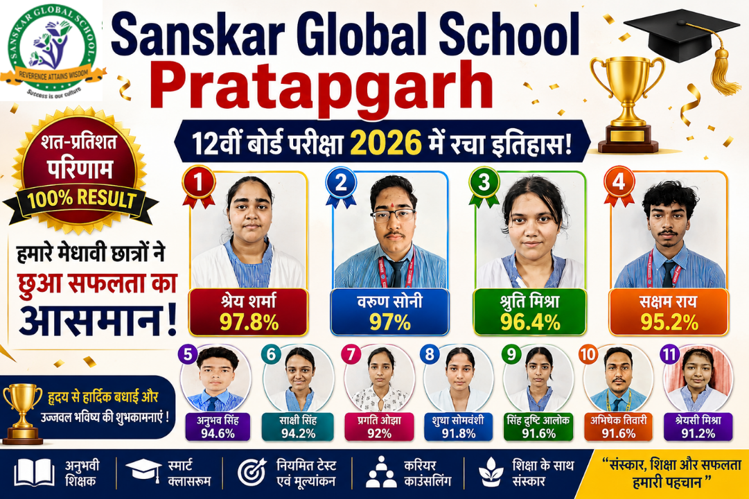 संस्कार ग्लोबल स्कूल प्रतापगढ़: 12वीं बोर्ड परीक्षा 2026 में विद्यार्थियों ने कायम की सफलता की नई मिसाल